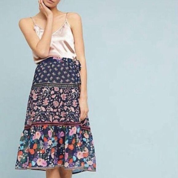 Anthropologie one september floral Tiered Midi Skirt sz S Boho Cottagecore - Picture 1 of 15